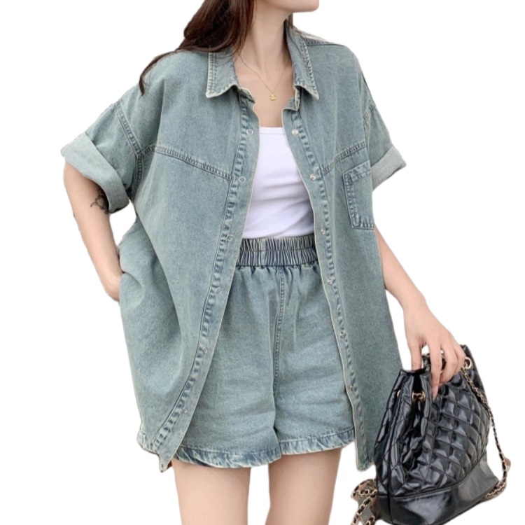빅사이즈 여름 데님 투피스 세트 레트로 반팔 자켓 슬림 A라인 청반바지 L-3XL 이미지 6