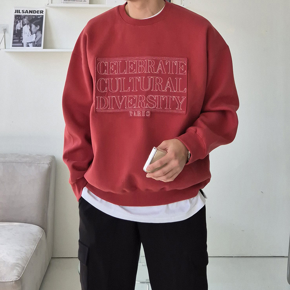 남자 맨투맨 오버핏 레드 빨간 자수 맨투맨 남자긴팔티