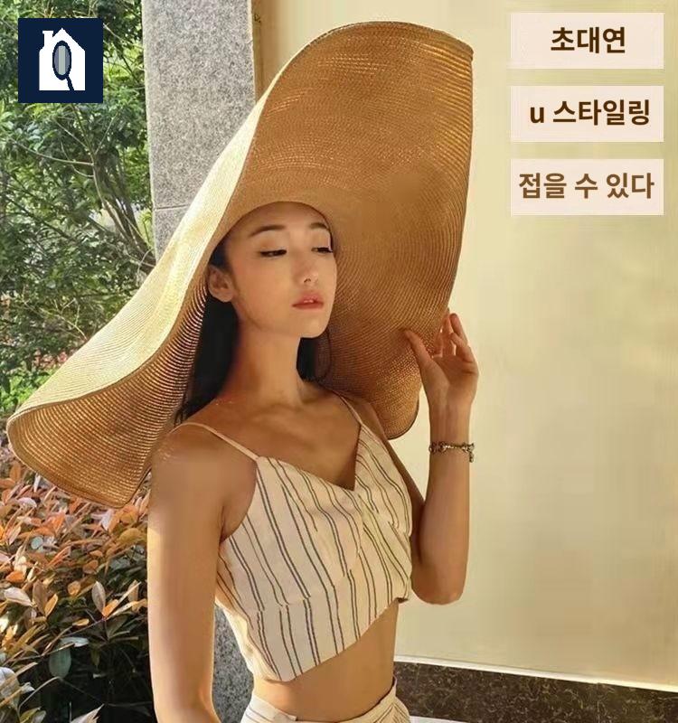 와이드 밀짚 라탄 챙 모자 대형 모자 - 상세 이미지 3