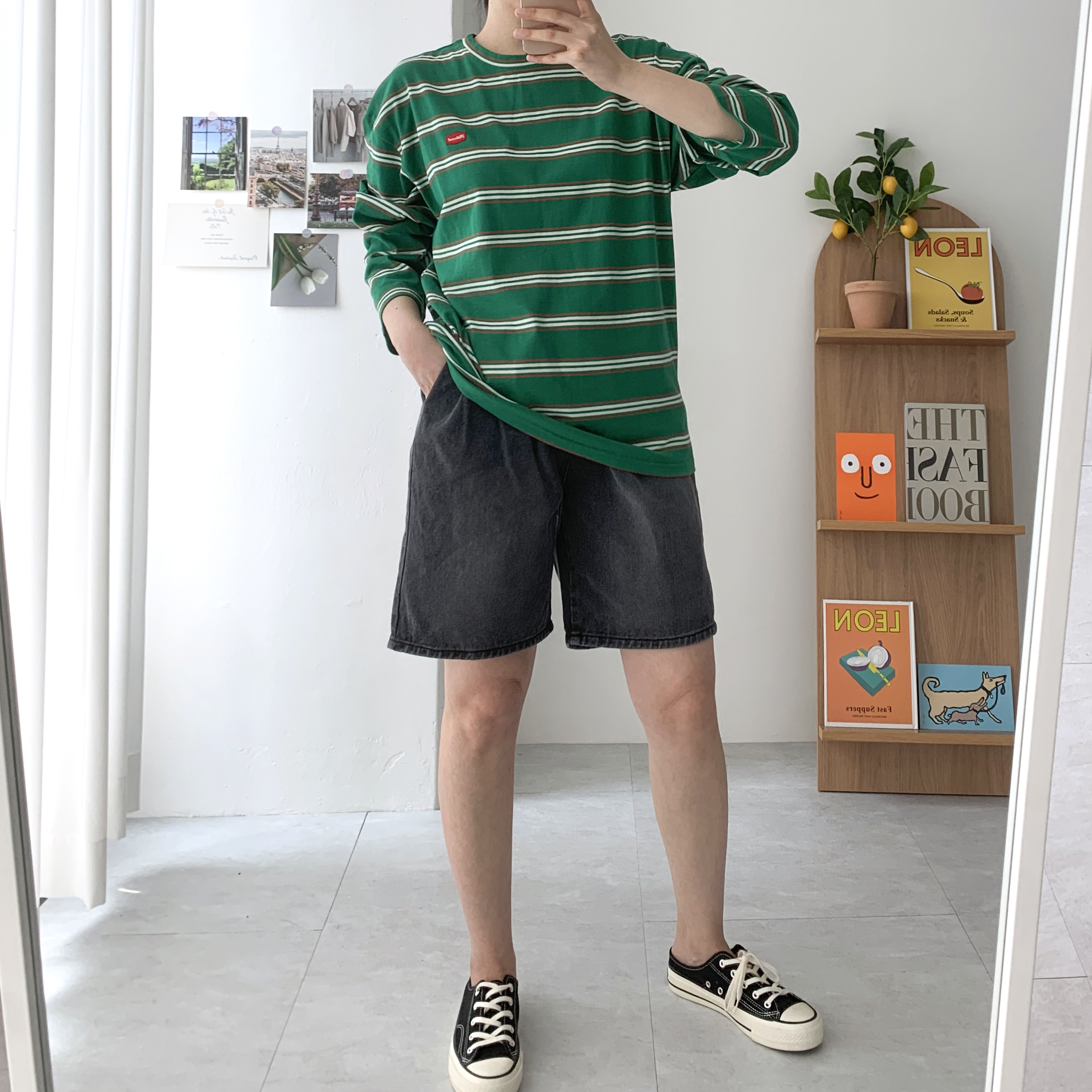 흑청반바지 버뮤다밴딩팬츠 5부청반바지 - 상세 이미지 5