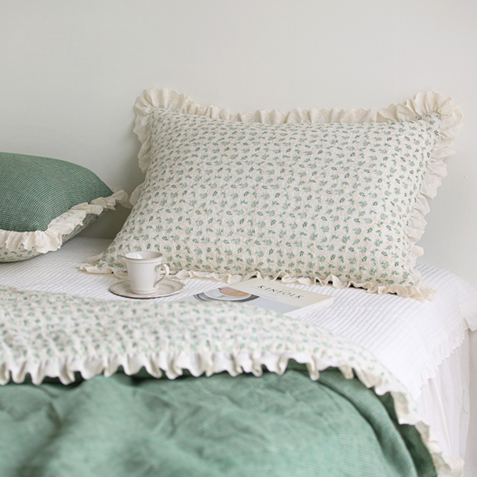 코타지 그린 양면 체크 린넨 인견 순면 차렵 베개 사계절 더블 싱글 이불 침구 베개커버40x60