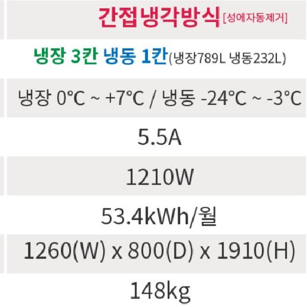 간냉식 1000L 업소용 냉장냉동고 1등급 양문형 영업용 냉장고 45박스