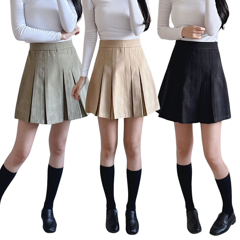 여성 미니 스커트 플리츠 면 A라인 2단기장 속바지 주름 키작녀 빅사이즈 치마