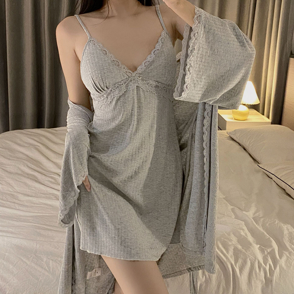 순면잠옷 긴팔 로브 가운 원피스잠옷 공주 수면 모달 슬립 세트 신혼부부 - 메인 이미지