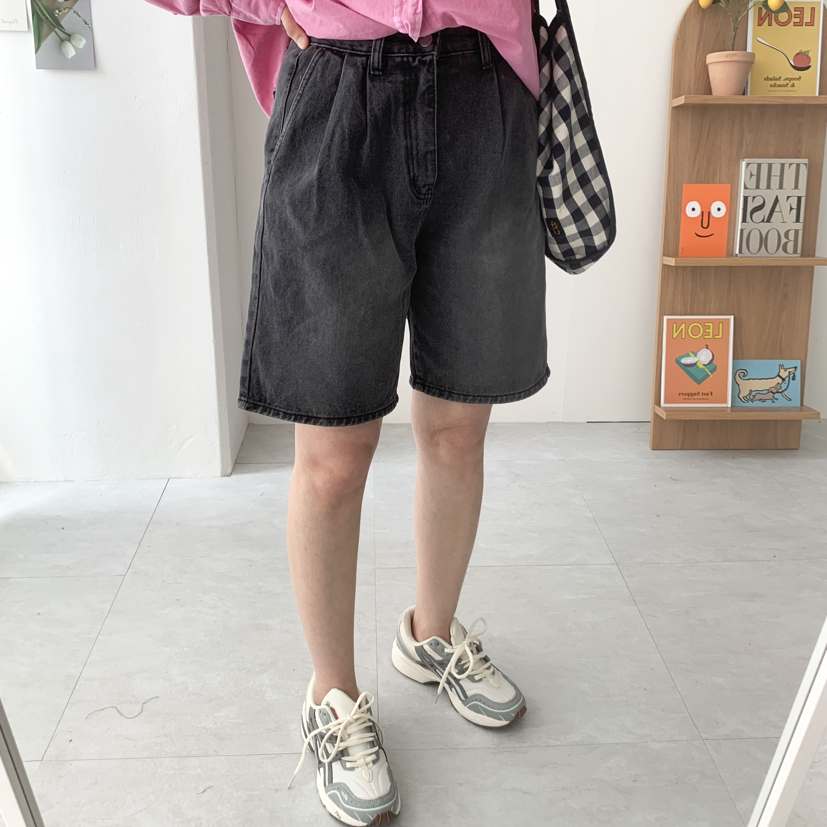 흑청반바지 버뮤다밴딩팬츠 5부청반바지 - 상품 이미지