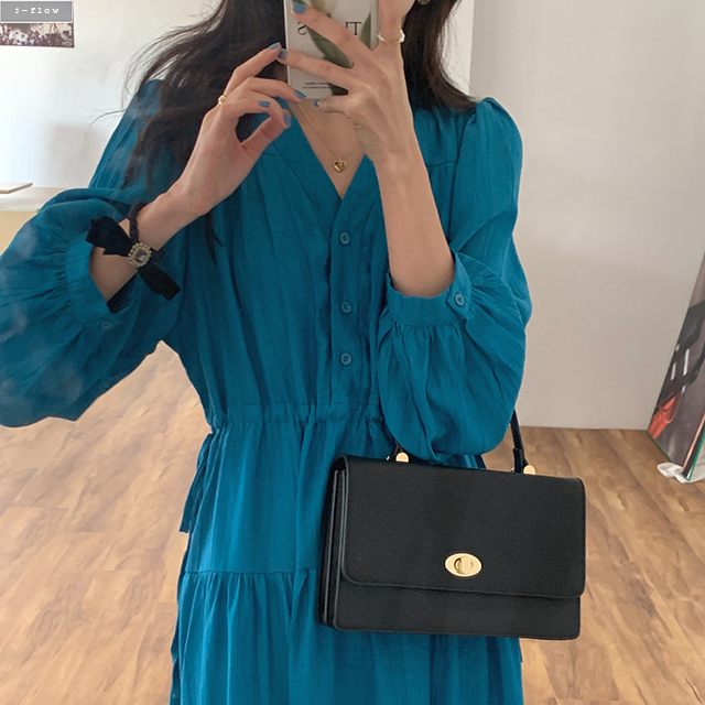시럽 브이넥 버튼 루즈핏 맥시 봄 롱원피스 2color 봄 가을 벌룬 스트링 제이플로우 이미지 8