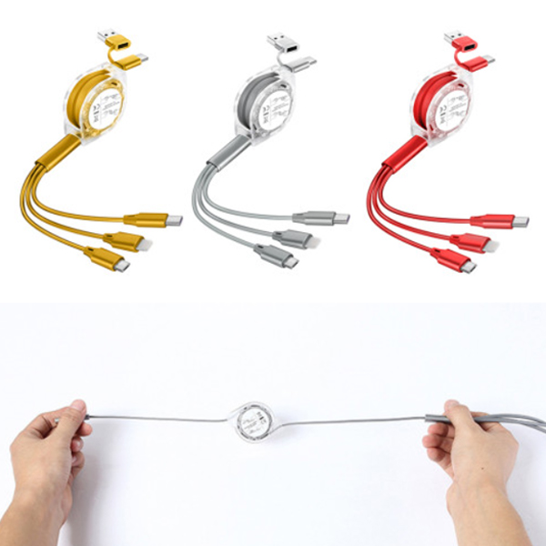 핸드폰 3in2 고속 충전 케이블 CtoC PD USB겸용 충전기 차량용 60w 100w 8핀 C타입 릴케이블 롤케이블 충전선 자동 선 줄 감김