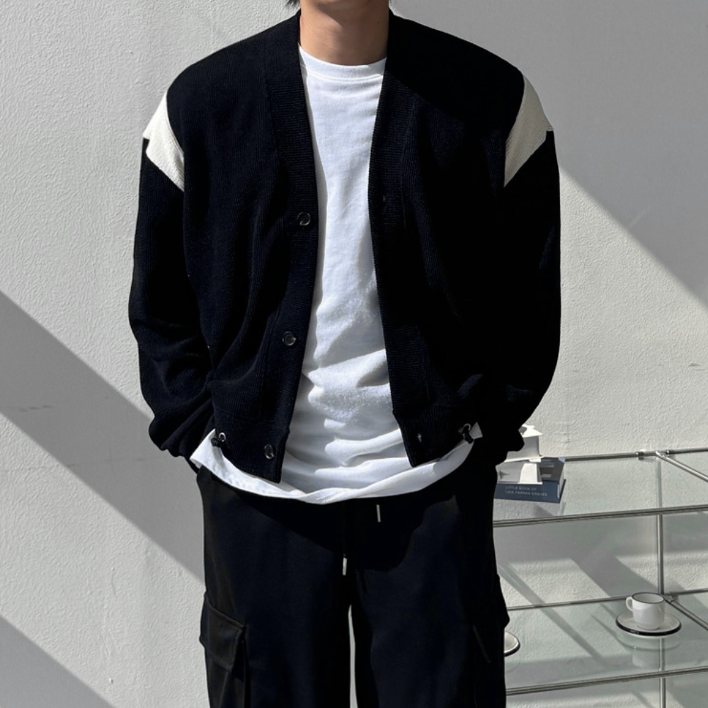 남자 나오 봄 가을 바시티 스트링 크롭 가디건 - 상세 이미지 3