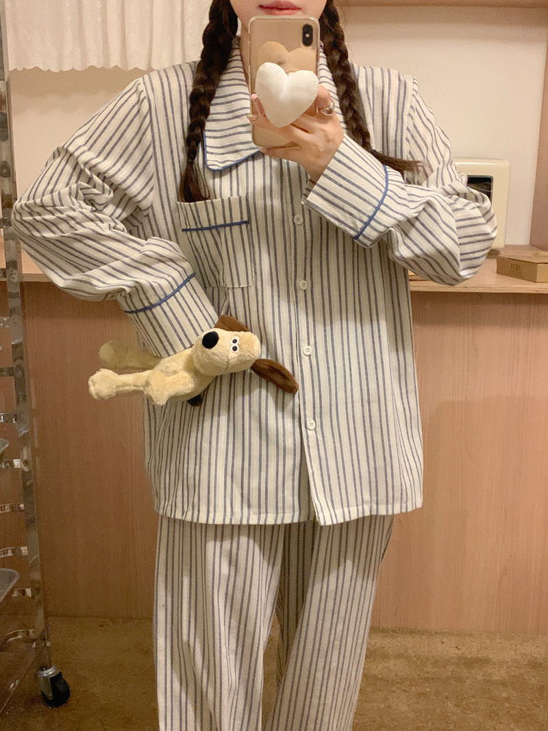 (커플잠옷) (베른잠옷세트) 여성잠옷 남성파자마 가을 긴팔 스트라이프 2컬러 투피스 상세 이미지 7
