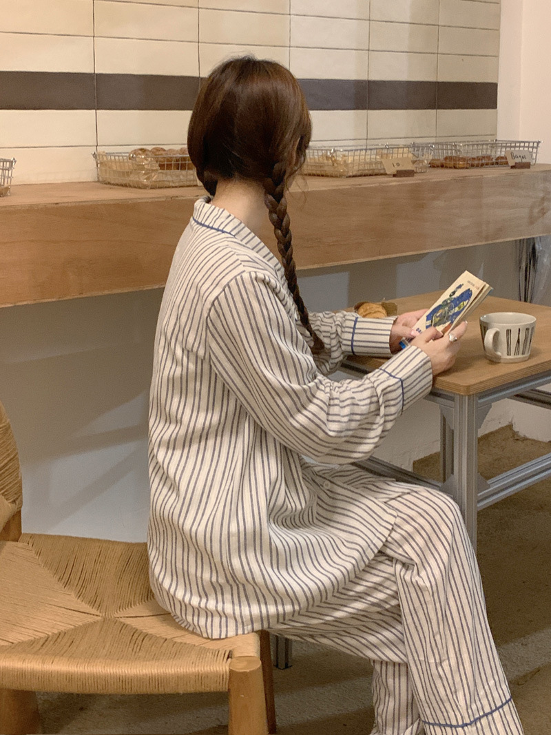 (커플잠옷) (베른잠옷세트) 여성잠옷 남성파자마 가을 긴팔 스트라이프 2컬러 투피스 상세 이미지 8