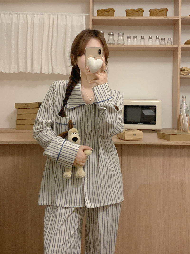 (커플잠옷) (베른잠옷세트) 여성잠옷 남성파자마 가을 긴팔 스트라이프 2컬러 투피스 상세 이미지 12
