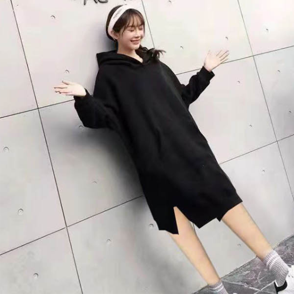 긴팔 원피스 여자 후드 기모 여성 겨울 블랙 가을 봄 캐쥬얼 데일리 집에서 입는 무지 롱 - 상품 이미지