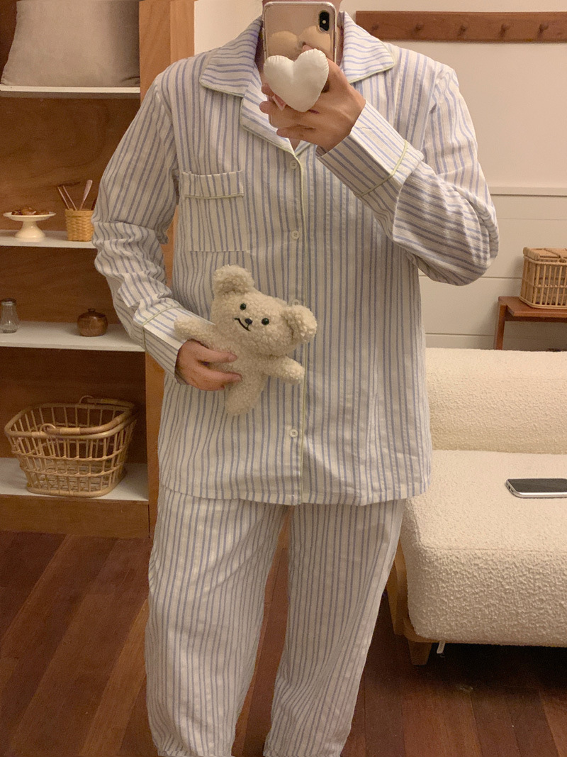 (커플잠옷) (베른잠옷세트) 여성잠옷 남성파자마 가을 긴팔 스트라이프 2컬러 투피스 상세 이미지 29