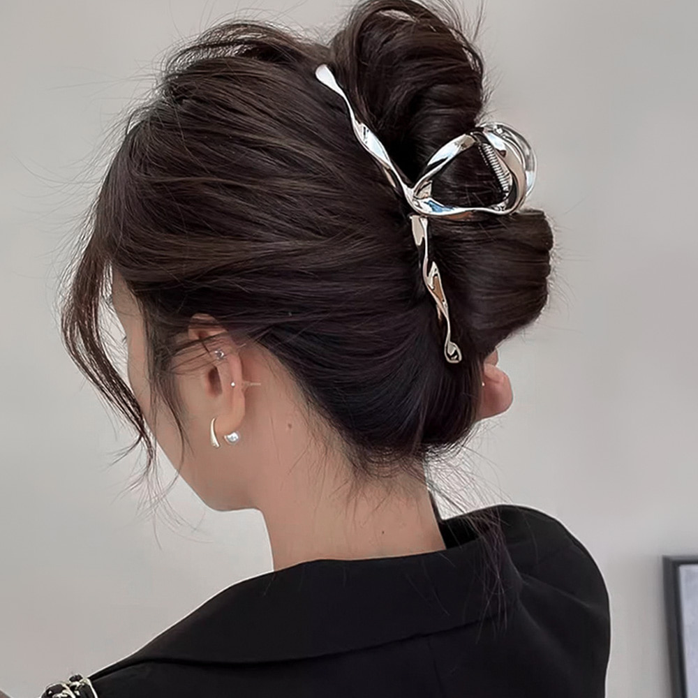 [당일출고] 물결 라인 슬림 포인트 빅 사이즈 꼬임 기본 여성 헤어 집게핀 [실버 골드] N969 - 상품 이미지