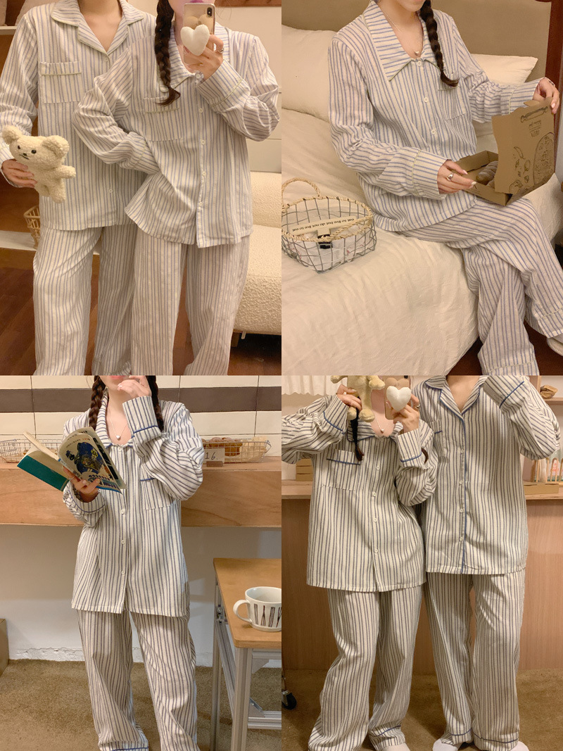 (커플잠옷) (베른잠옷세트) 여성잠옷 남성파자마 가을 긴팔 스트라이프 2컬러 투피스 상세 이미지 6
