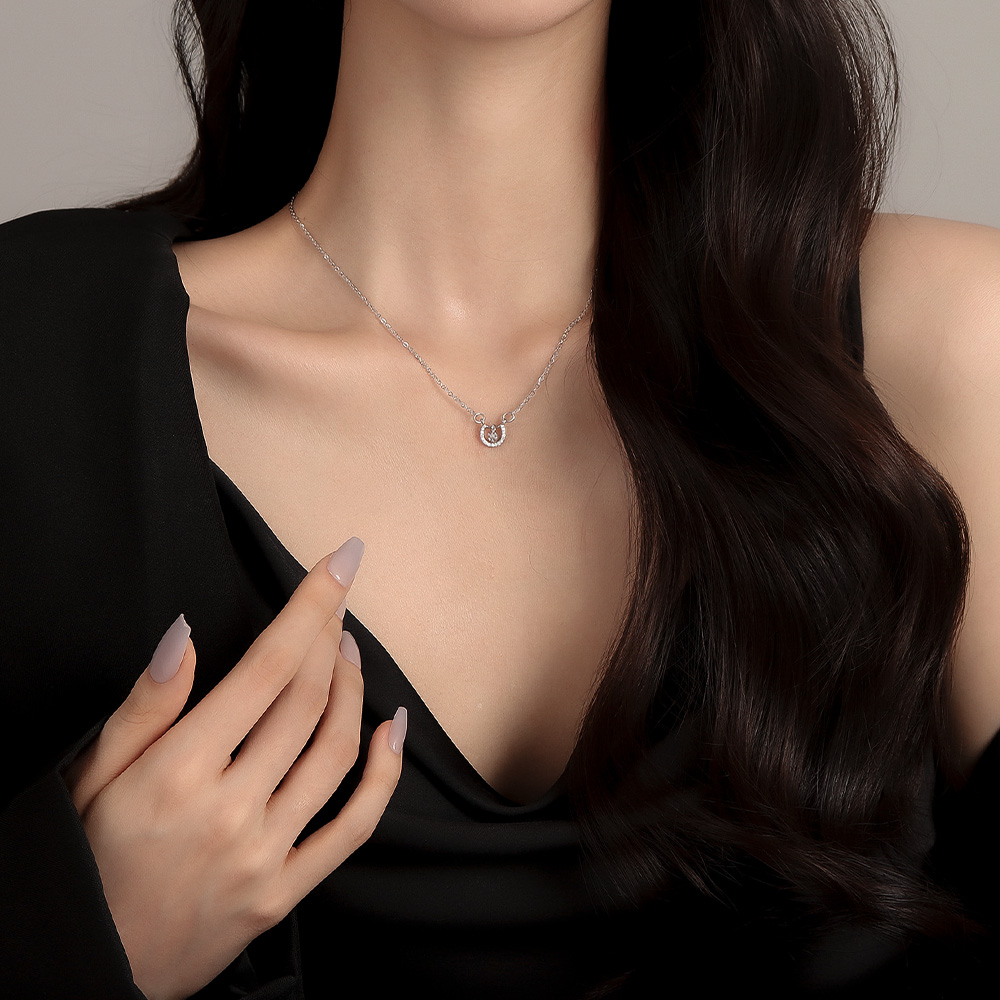 [당일출고] 말발굽 U자 팬던트 크리스탈 큐빅 댄싱스톤 미니 일체형 슬림 체인 티타늄 목걸이 [실버] N695 - 상품 이미지