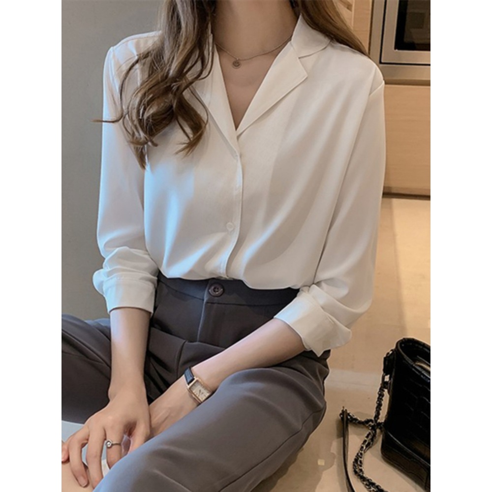 카라 브라운 쉬폰블라우스 긴팔 봄 가을 오피스룩 정장 출근 패션 코디 3컬러 - 상세 이미지 2