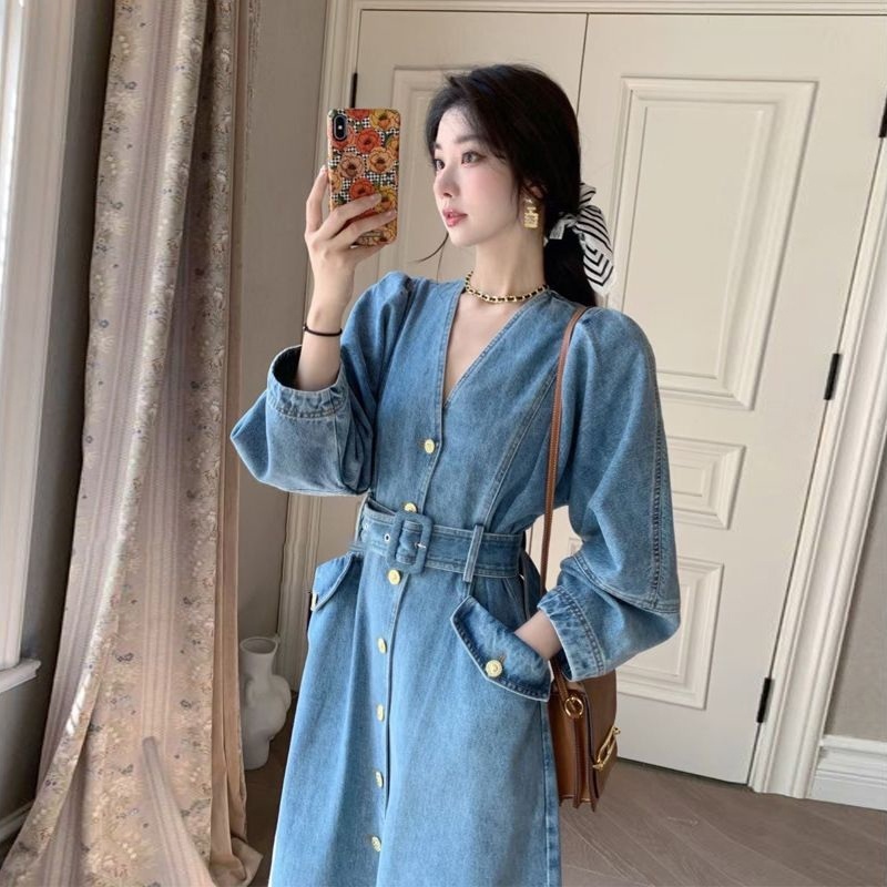 브이넥 데님 벨티드롱원피스 청순 캐주얼 루즈핏 a라인 프렌치 감성 연예인 패션 코디 - 상세 이미지 2