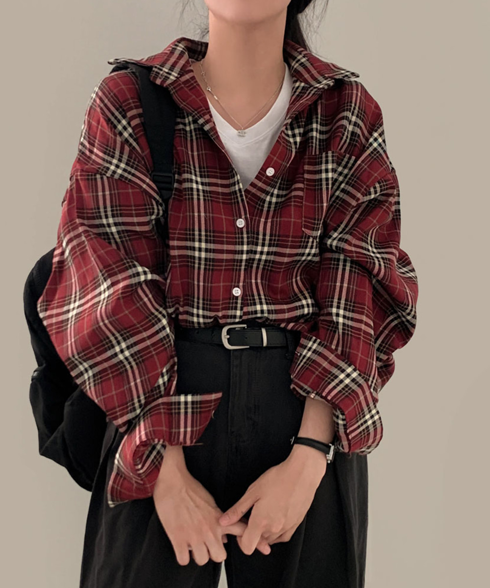 [얼리어텀 /모델극찬]피부가 하얘보이는 이유, 버건디 체크셔츠 오버핏 남방 : 온유어리