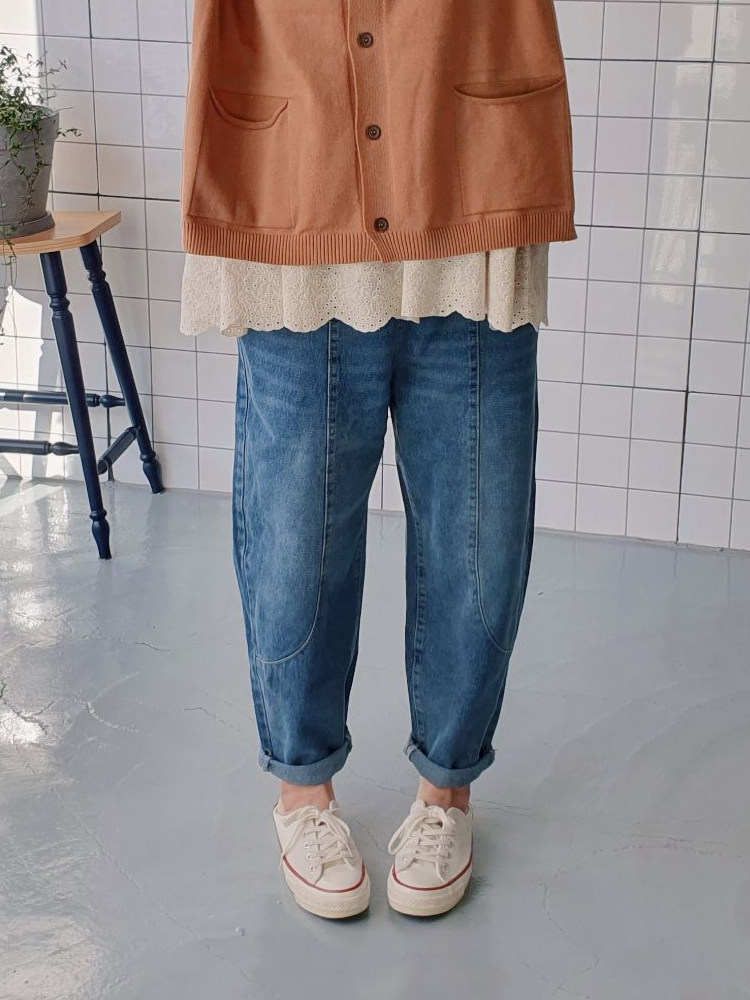 (무배) 라운딩 절개 고무밴딩 청 바지