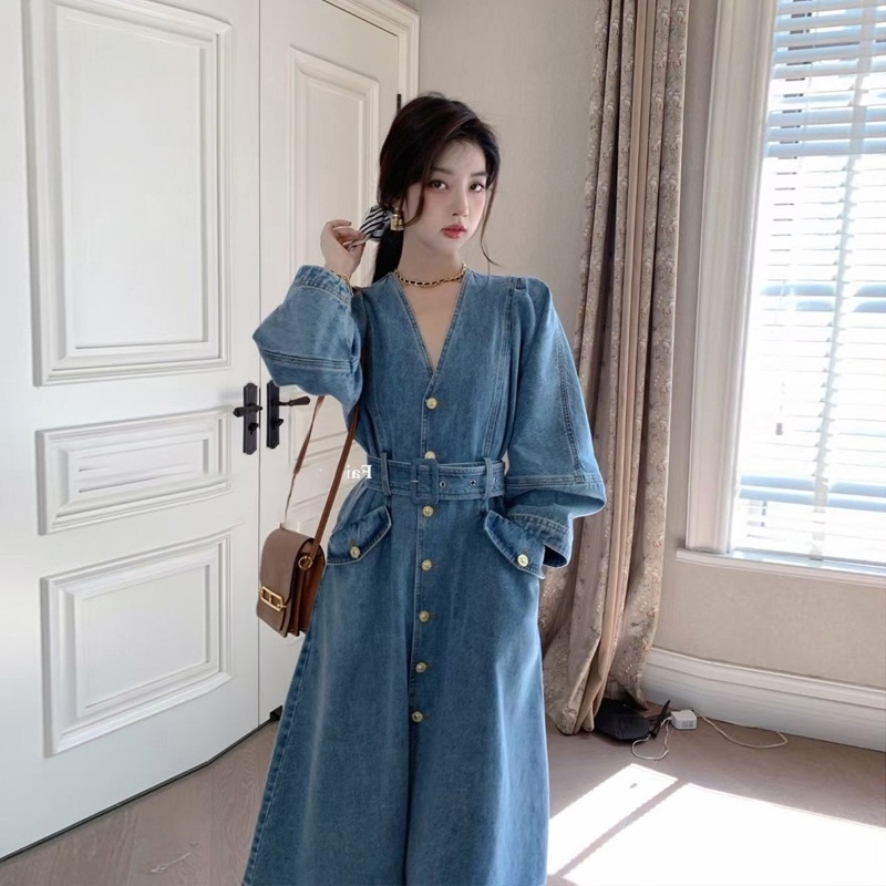 브이넥 데님 벨티드롱원피스 청순 캐주얼 루즈핏 a라인 프렌치 감성 연예인 패션 코디 - 상세 이미지 3