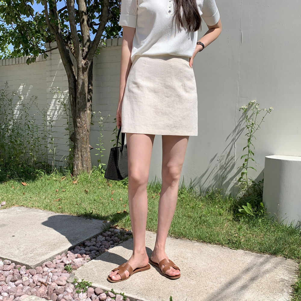 하이웨스트 린넨 A라인 스커트 여자 여름 치마 미니 스커트 베이지 핑크 - 상세 이미지 5