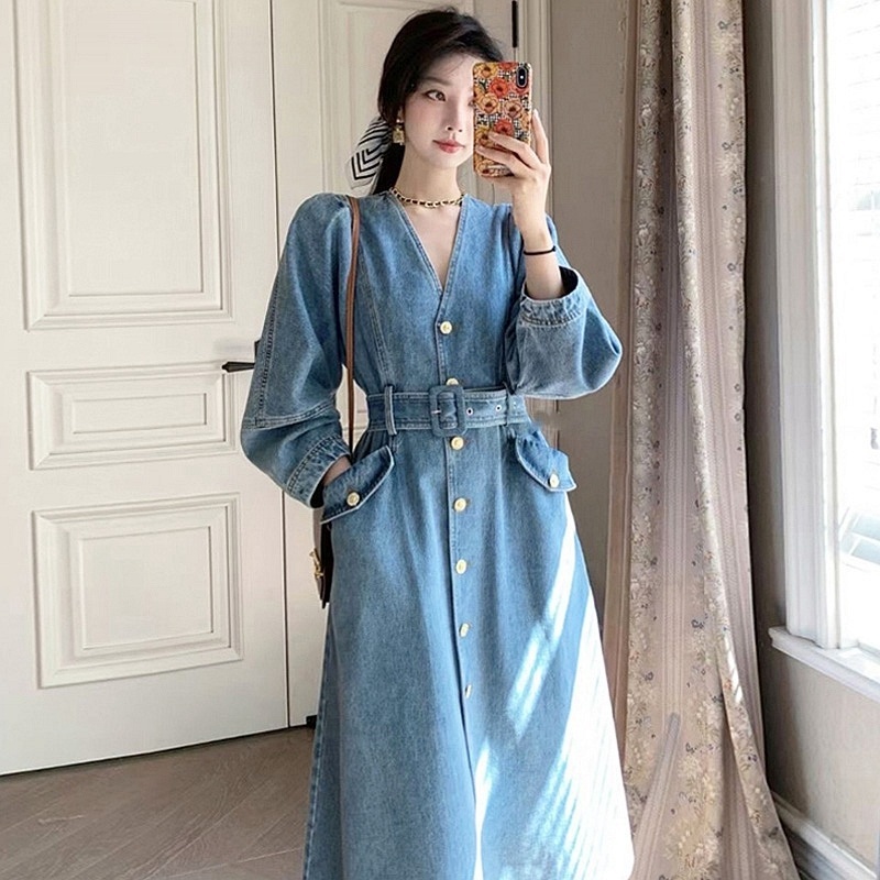 브이넥 데님 벨티드롱원피스 청순 캐주얼 루즈핏 a라인 프렌치 감성 연예인 패션 코디 - 상세 이미지 4