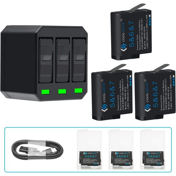 히어로 7 배터리 6히어로 5히어로 2018 3팩 1500mAh 보호 케이스 포함 3채널 충전기 번들 HERO 6 5 블랙 3개 1개 : 그린207마켓