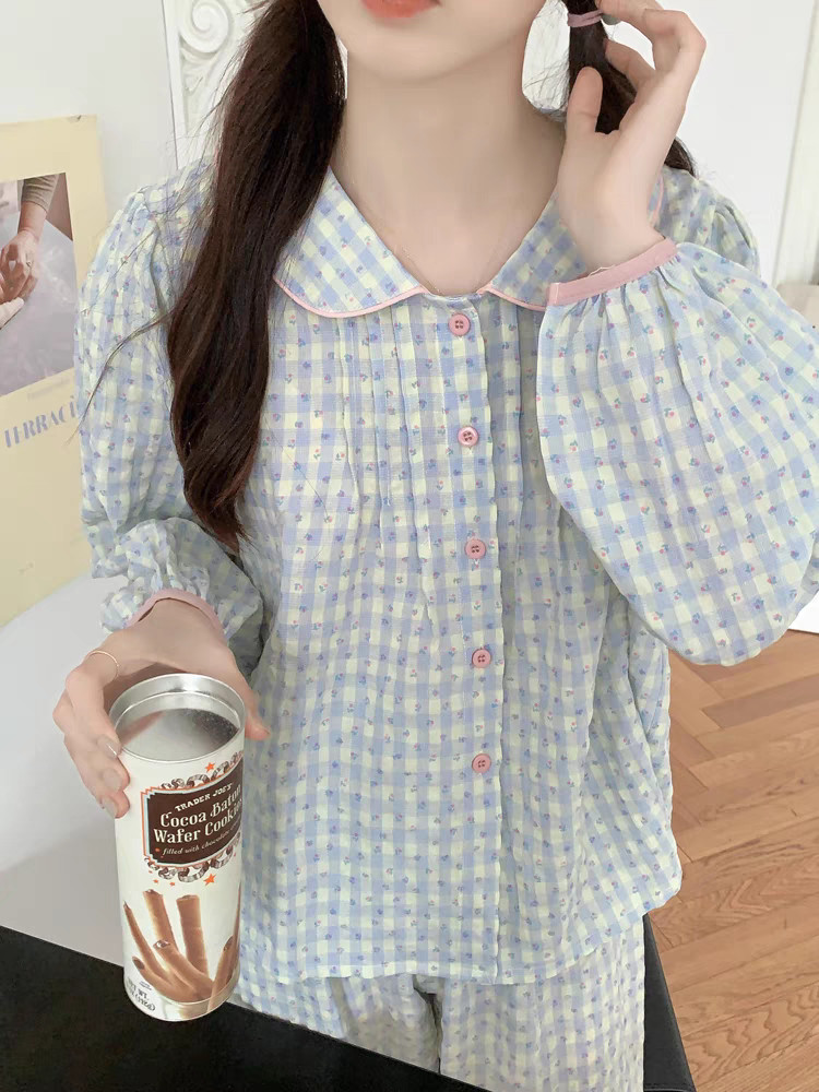 체크 시어서커파자마 긴팔잠옷세트 홈웨어 실내복 자주입는 우정 잠옷 파자마파티 : 아리옹