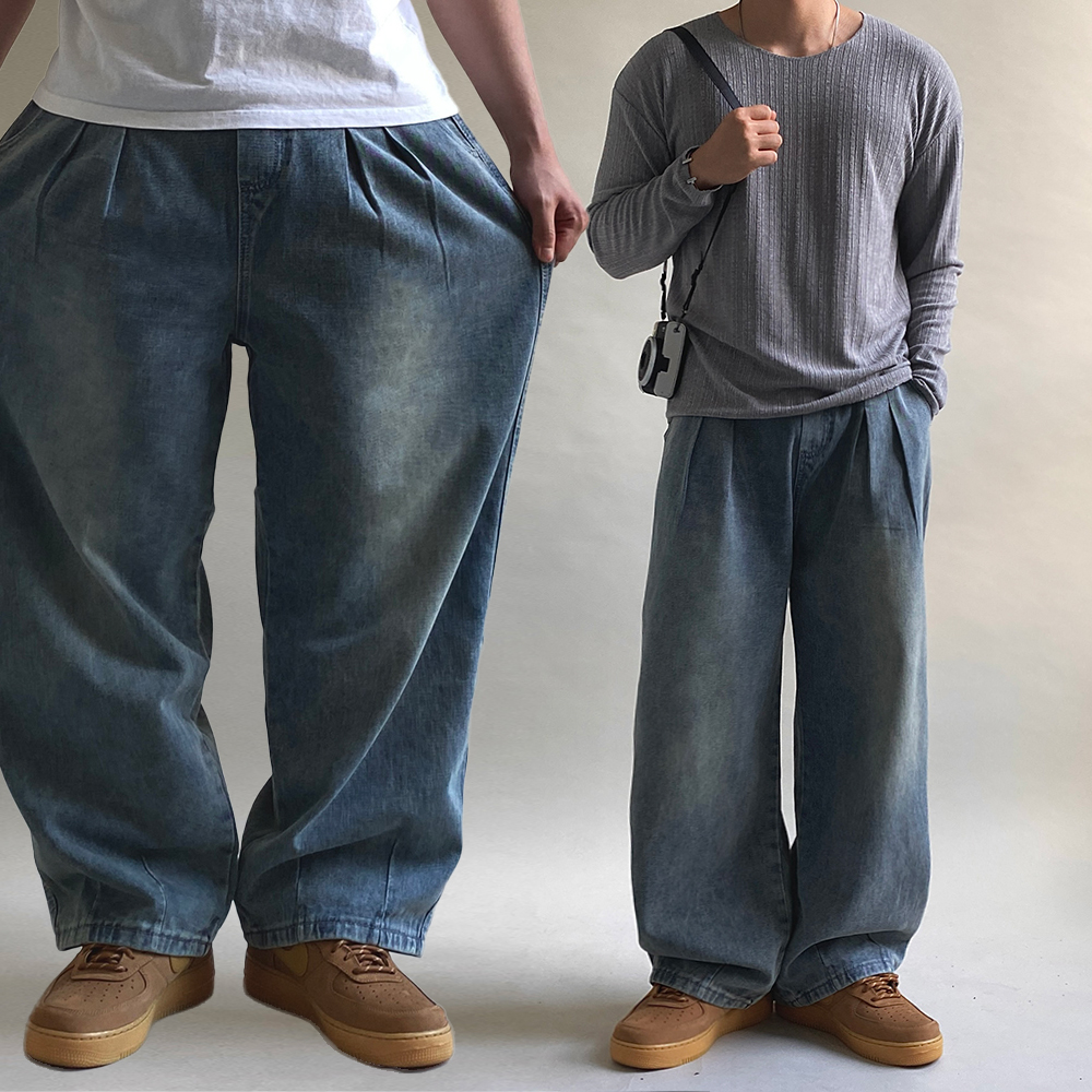 벌룬데님 남자통청바지 샌드워싱 벌룬청바지 - 메인 이미지