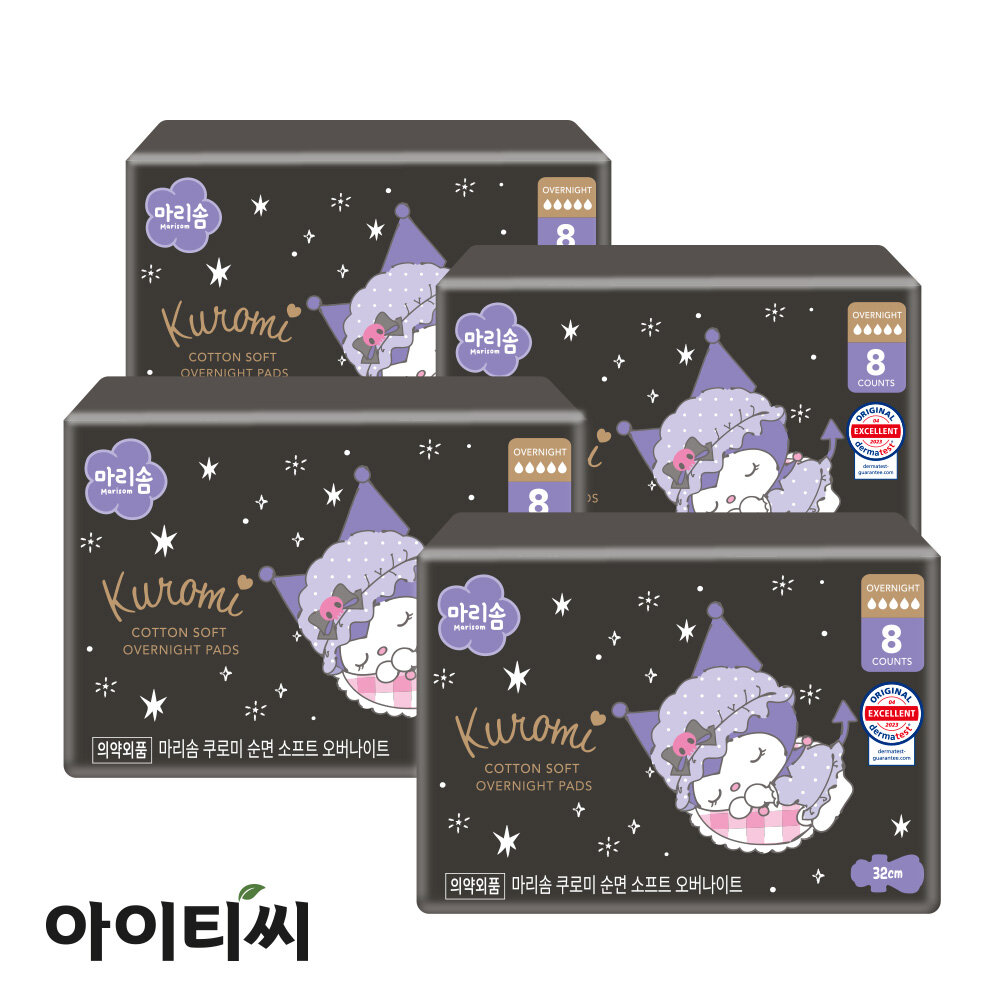 마리솜 쿠로미 순면 소프트 오버나이트 생리대(8입)X4팩 - 상품 이미지