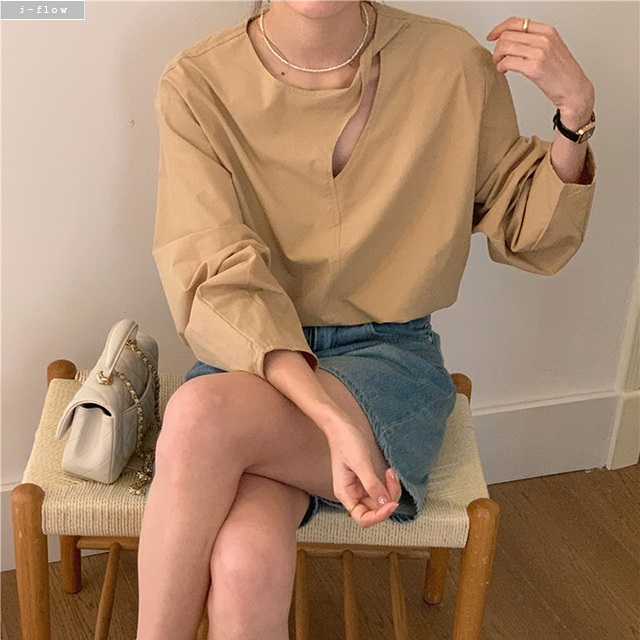 로터 홀포인트 오버핏 코튼 라운드 블라우스 3col 봄 가을 바스락 벌룬 하프 제이플로우 - 상세 이미지 2