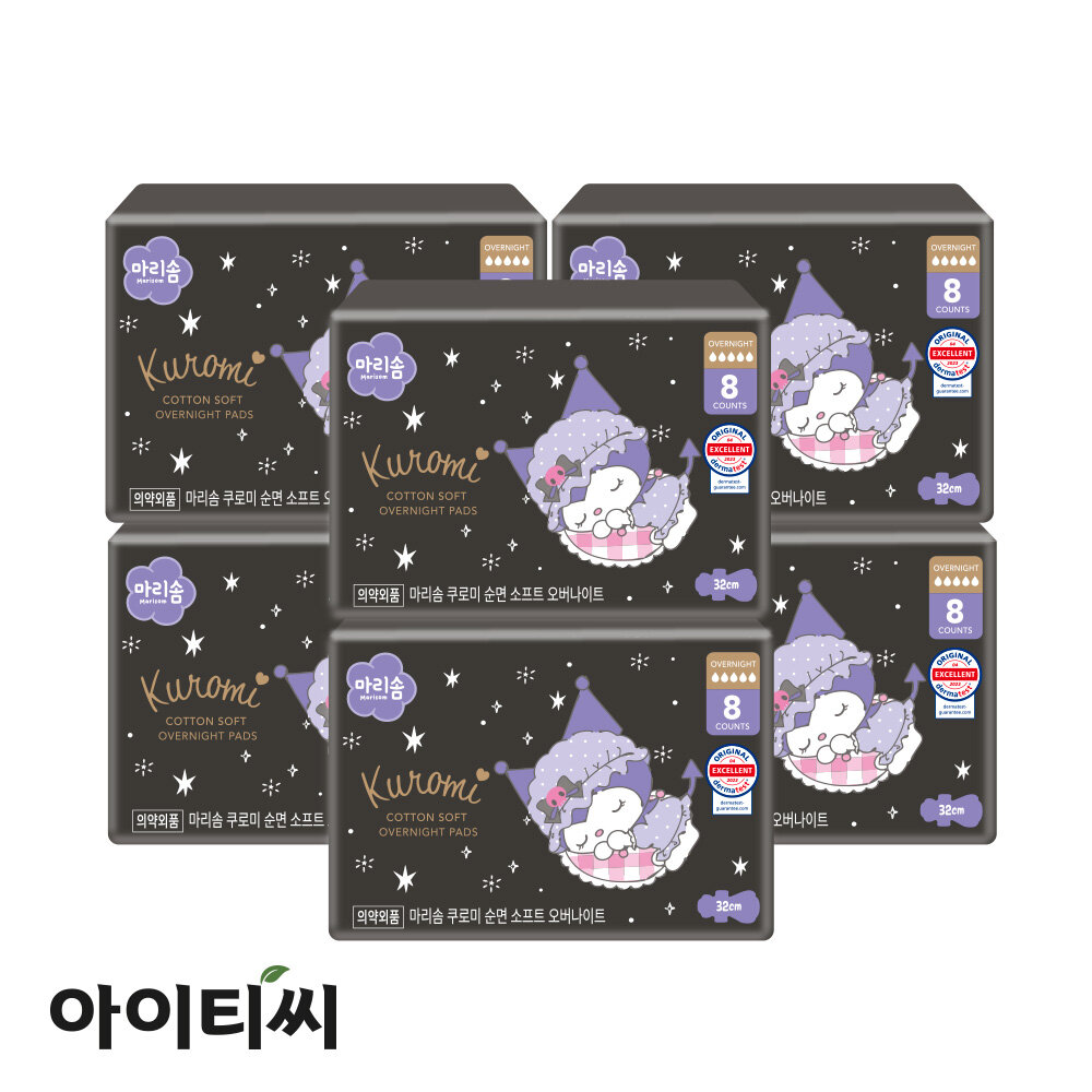 마리솜 쿠로미 순면 소프트 오버나이트 생리대(8입)X6팩 - 상품 이미지