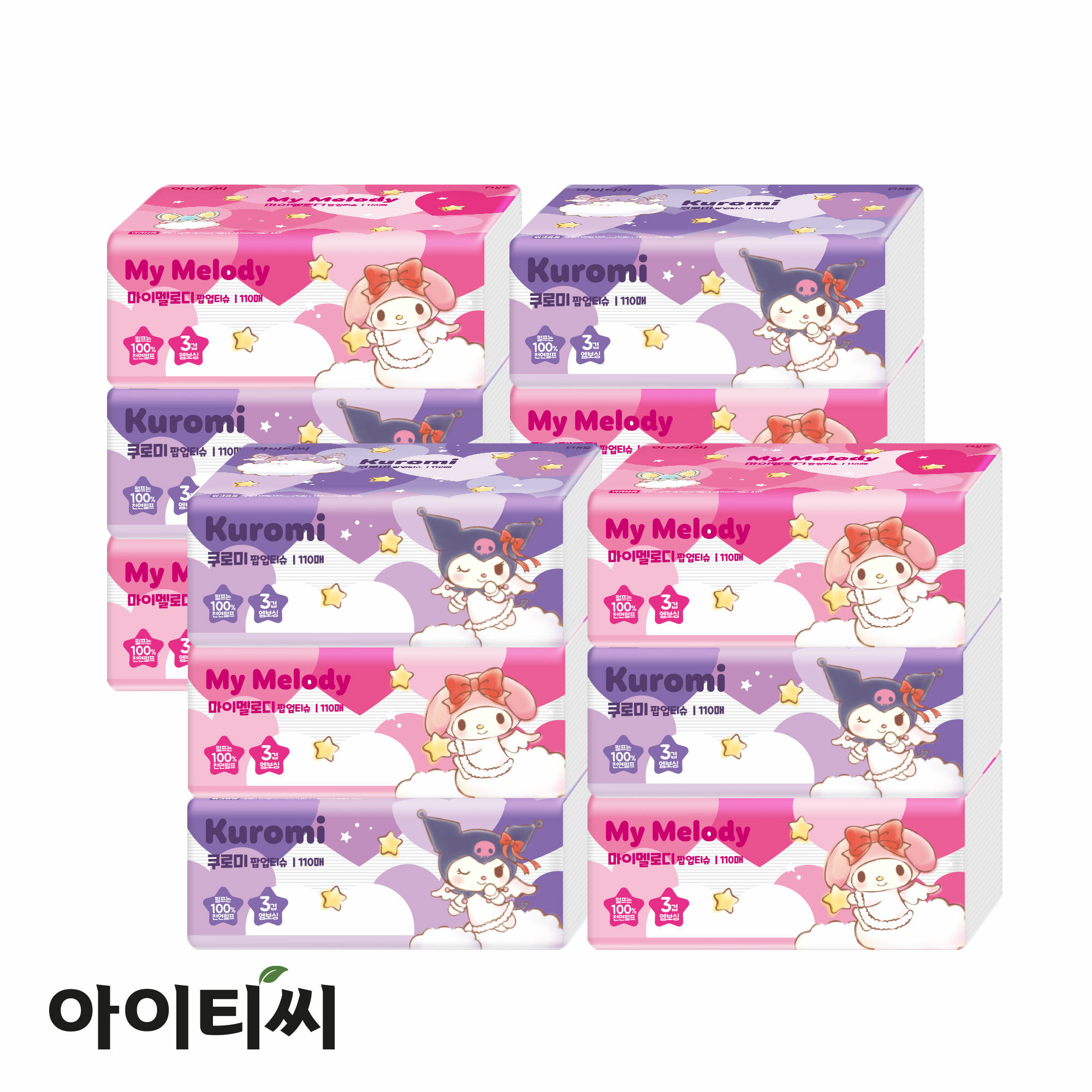 마이멜로디+쿠로미 3겹 팝업 미용티슈(110매) 12팩 - 메인 이미지