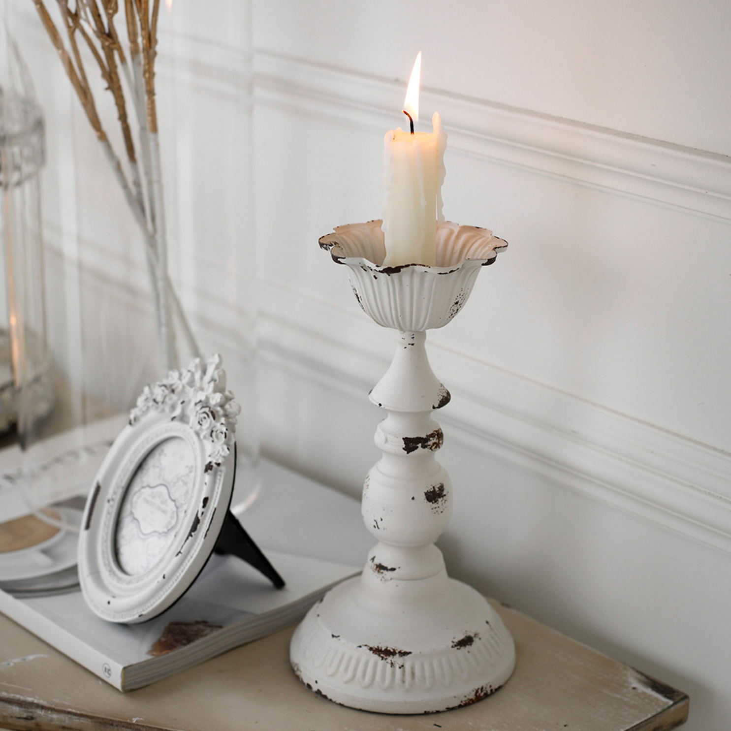 화이트 클레어 빈티지 철제 캔들 홀더 촛대 B