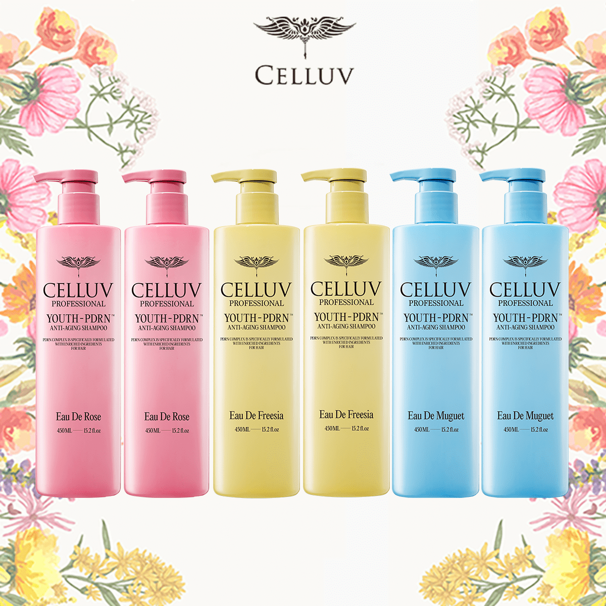 셀럽 PDRN 샴푸 450ml x 6통 (로즈 x 2, 프리지아 x2, 뮤게 x2 ) - 상품 이미지