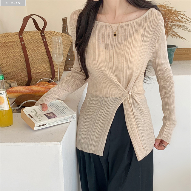페이버 보트넥 골지 허리슬림 옆버튼 슬릿 니트 3col 가을 봄 긴팔 라운드 제이플로우 - 상세 이미지 2