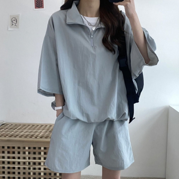 여성 오버핏 캐주얼 하프집업 바람막이 상하의세트 - 상세 이미지 3