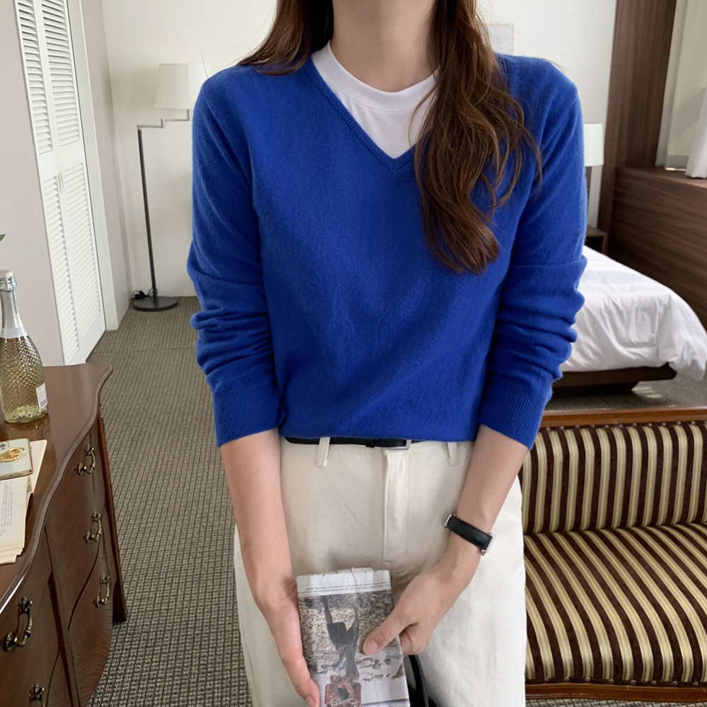 루즈핏 레이어드 울 캐시미어니트 여자 브이넥 니트 가을 긴팔 여성 니트티