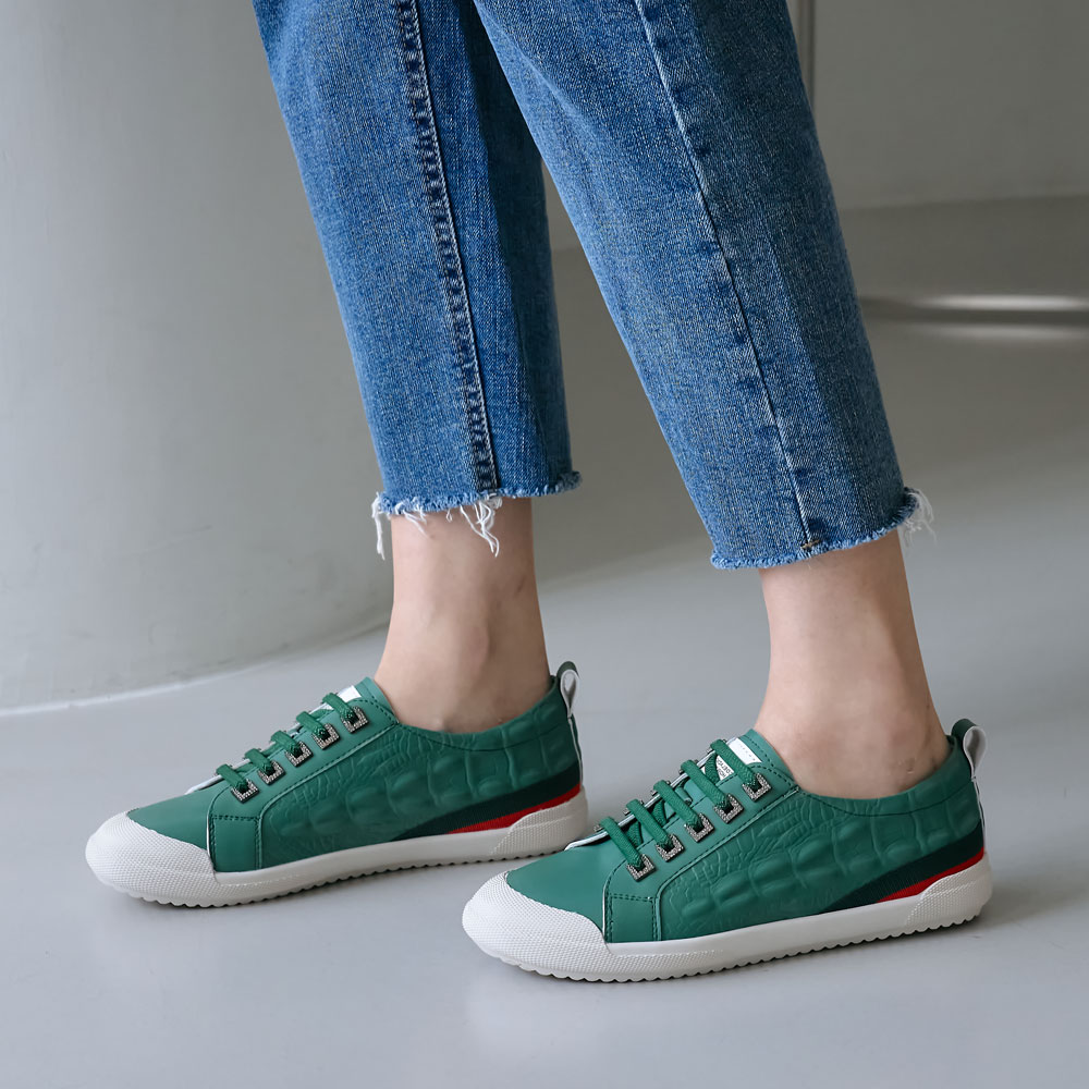 소가죽 스판 밴딩끈 큐빅 포인트 여성 스니커즈 단화 캐주얼화