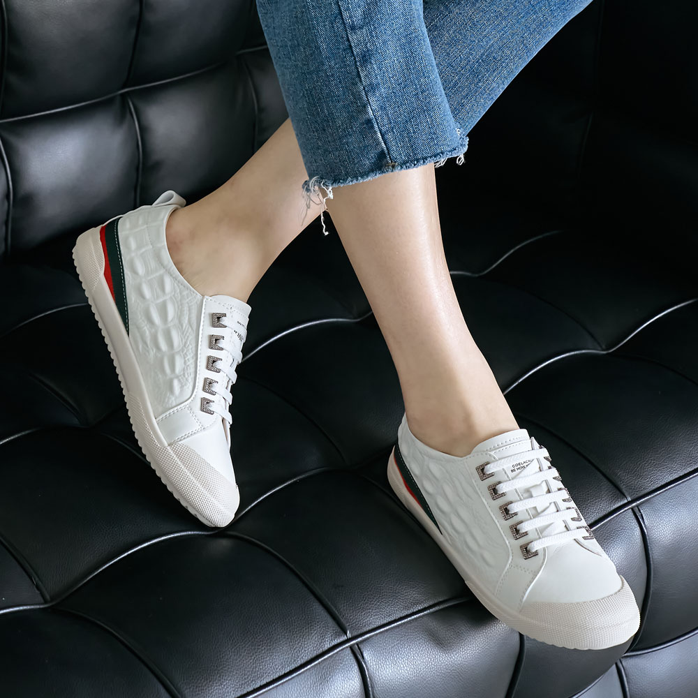 소가죽 스판 밴딩끈 큐빅 포인트 여성 스니커즈 단화 캐주얼화
