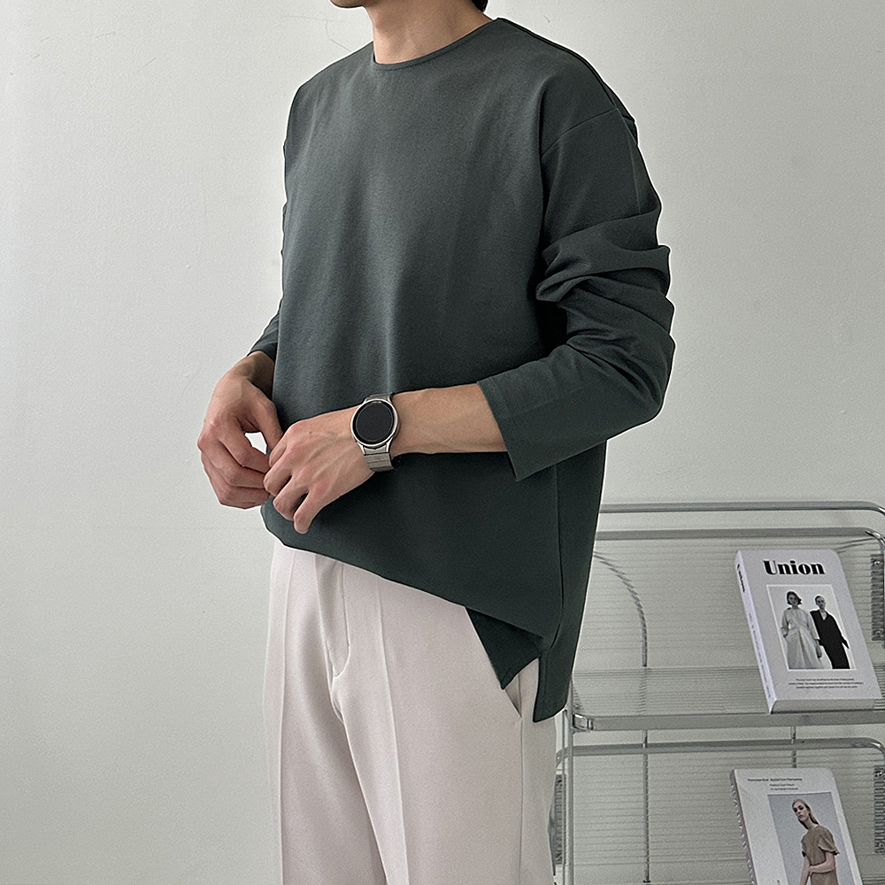 남자 긴팔티 오버핏 코듀로이 흰색 보트넥 티셔츠 - 상세 이미지 3