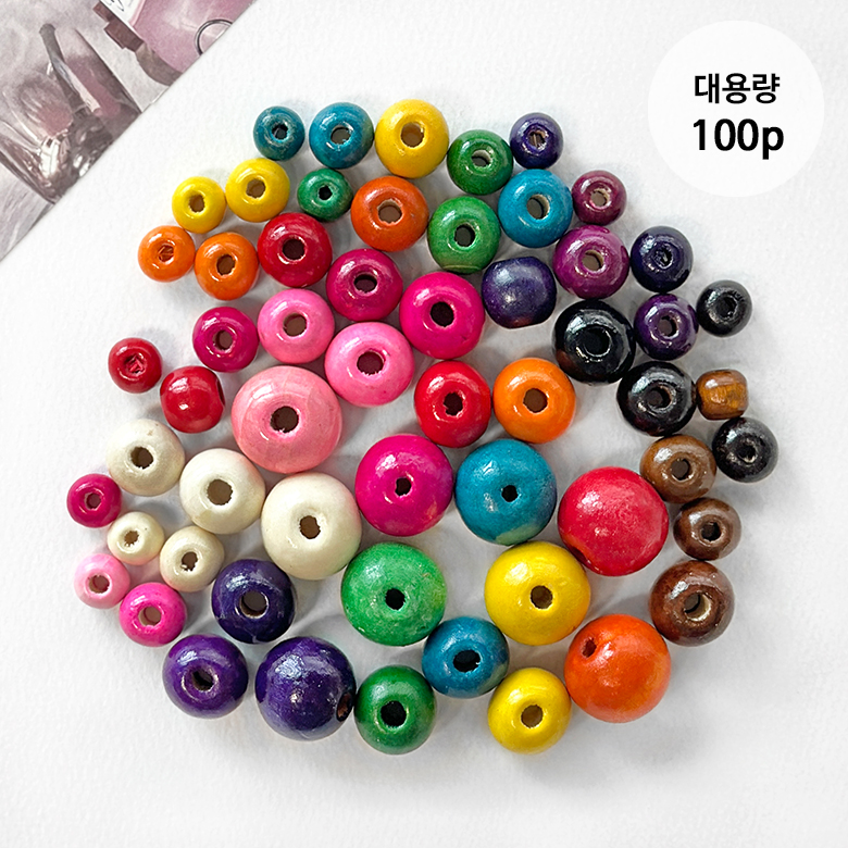  (대용량100p) 컬러 나무구슬 랜덤컬러 - 10mm 12mm 14mm - 상품 이미지