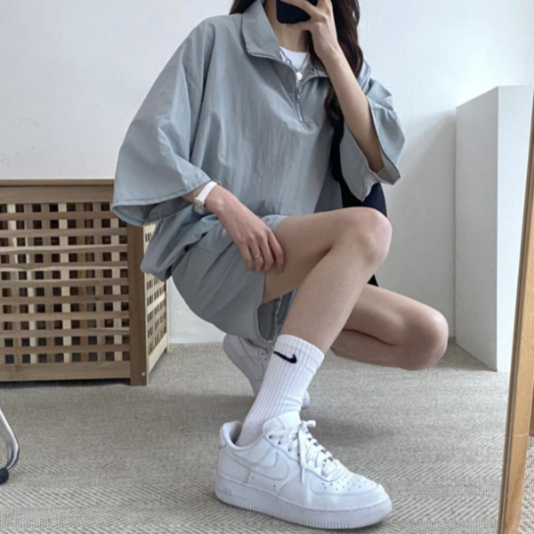 여성 오버핏 캐주얼 하프집업 바람막이 상하의세트 이미지 6