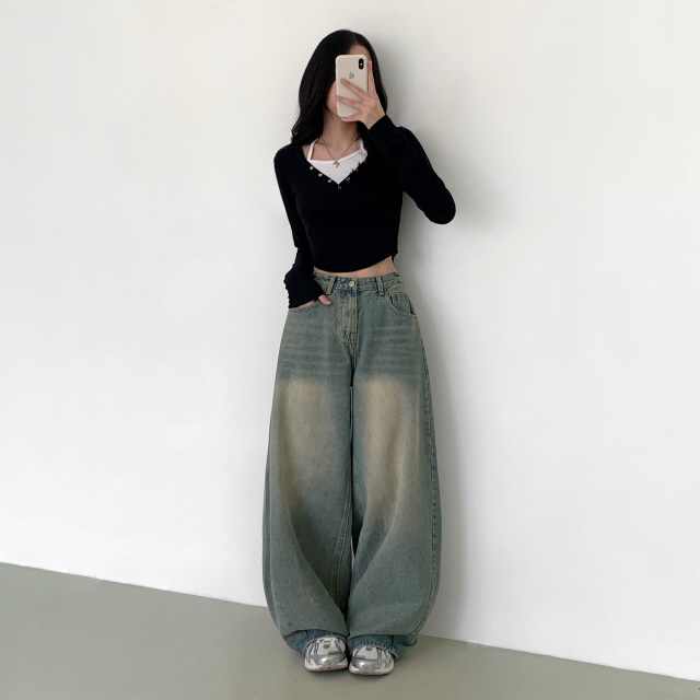 [숏,롱/찐와이드] 던미유 빈티지 워싱 옆핀턱 맥시핏 청바지 탄탄 벌룬 데님 와이드 팬츠 상세 이미지 23