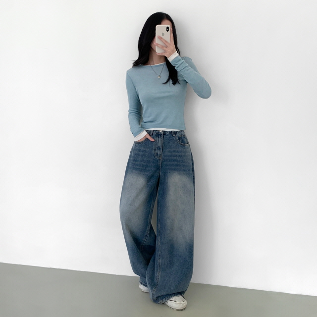 [숏,롱/찐와이드] 던미유 빈티지 워싱 옆핀턱 맥시핏 청바지 탄탄 벌룬 데님 와이드 팬츠 상세 이미지 34