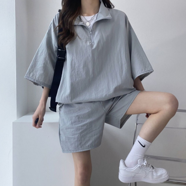 여성 오버핏 캐주얼 하프집업 바람막이 상하의세트 이미지 7