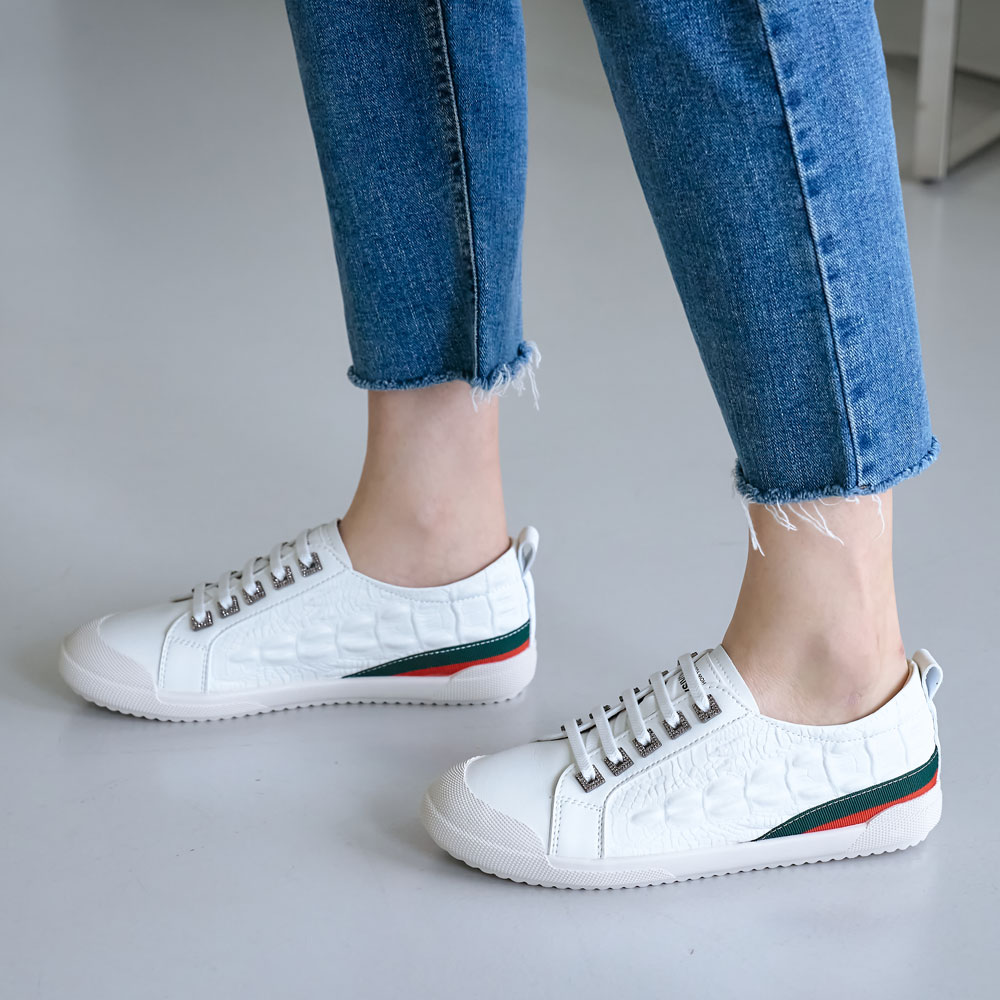 소가죽 스판 밴딩끈 큐빅 포인트 여성 스니커즈 단화 캐주얼화