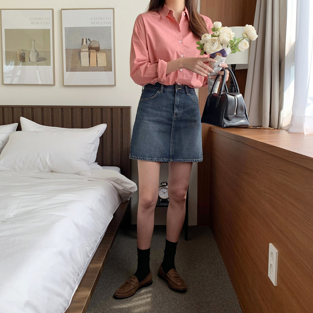 하이웨스트 진청 데님 스커트 청치마 A라인 치마 가을 치마 여성 미니 스커트 - 상세 이미지 4
