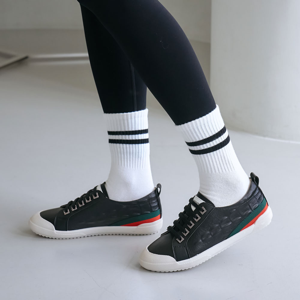 소가죽 스판 밴딩끈 큐빅 포인트 여성 스니커즈 단화 캐주얼화